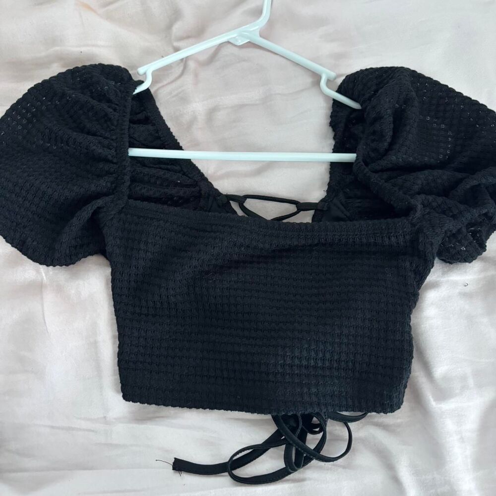 SHEIN Waffle Knit Tie Back Medium Square Neck Women's Black Crop-top